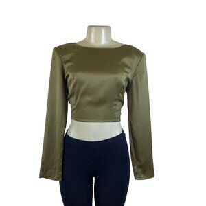 ASOS Olive Long Sleeve Satin Crop Top Open Back Tie Detail Women’s Size 8